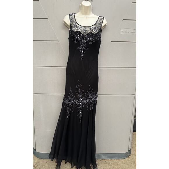 VTG Scala Black Silk Chiffon Beaded Evening Gown Asymmetric Hem Party Y2K Sz 12 - Picture 6 of 16